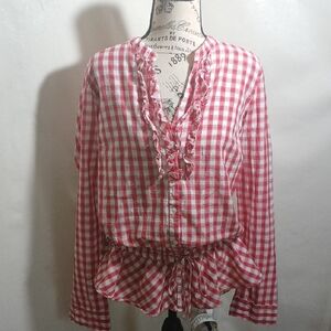 Sundance Womens  Gingham Ruffle Blouse Red Plaid Size Medium